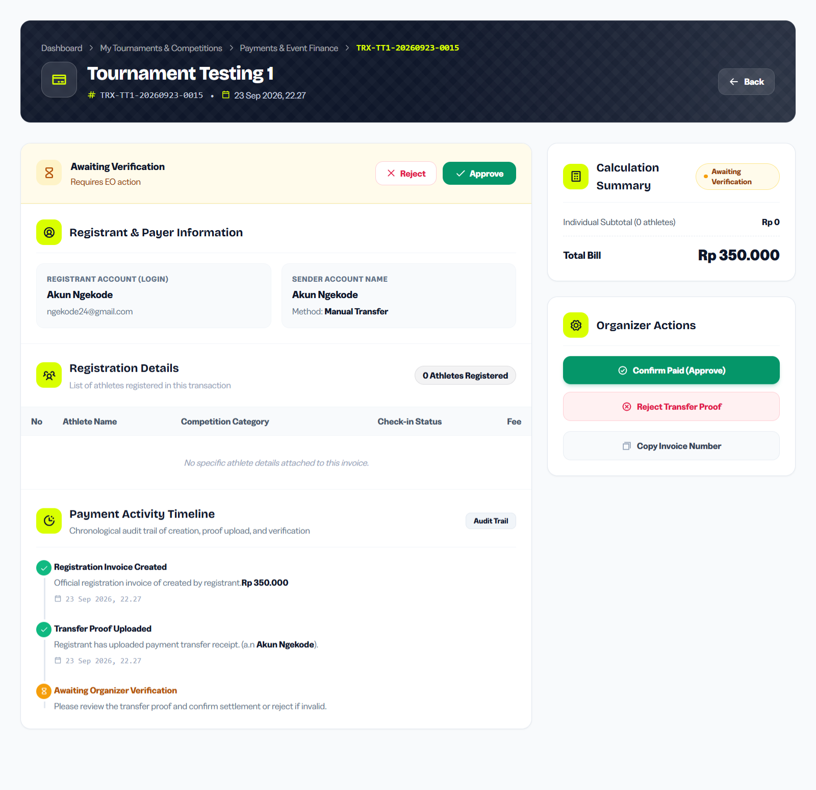 Transaction detail view showing the uploaded payment proof image, Approve and Reject buttons, and transaction summary