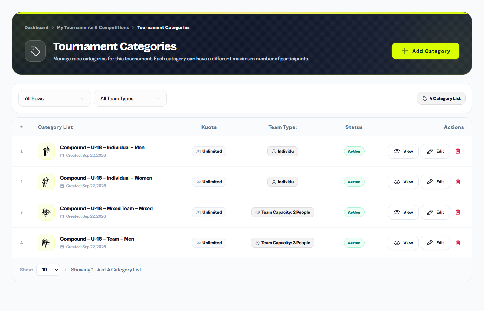 Tournament categories list page showing added categories with Bow Type filter and Add Category button