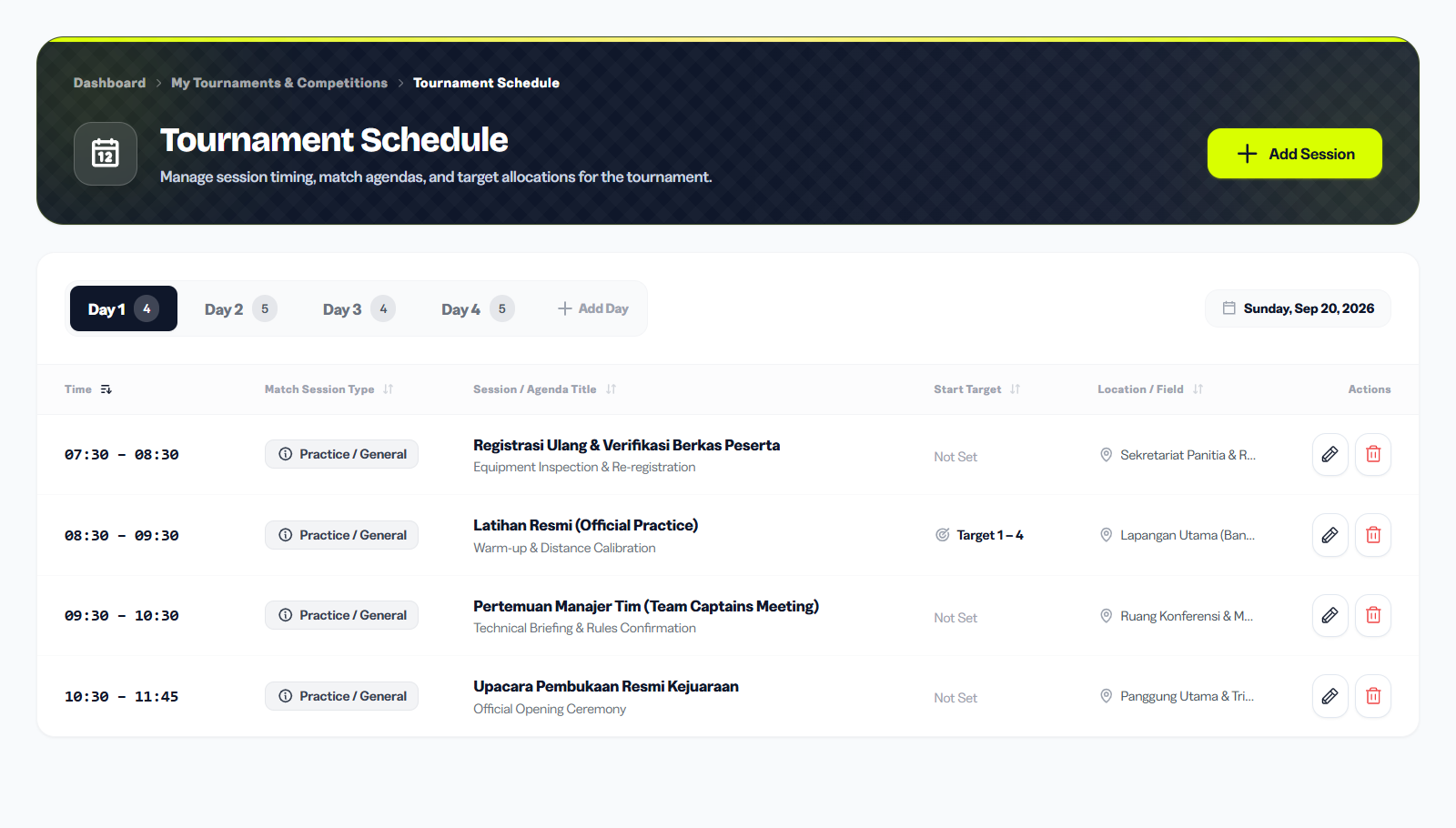 Tournament schedule page showing Day 1, Day 2, Day 3 tabs and a timeline of schedule items with start and end times