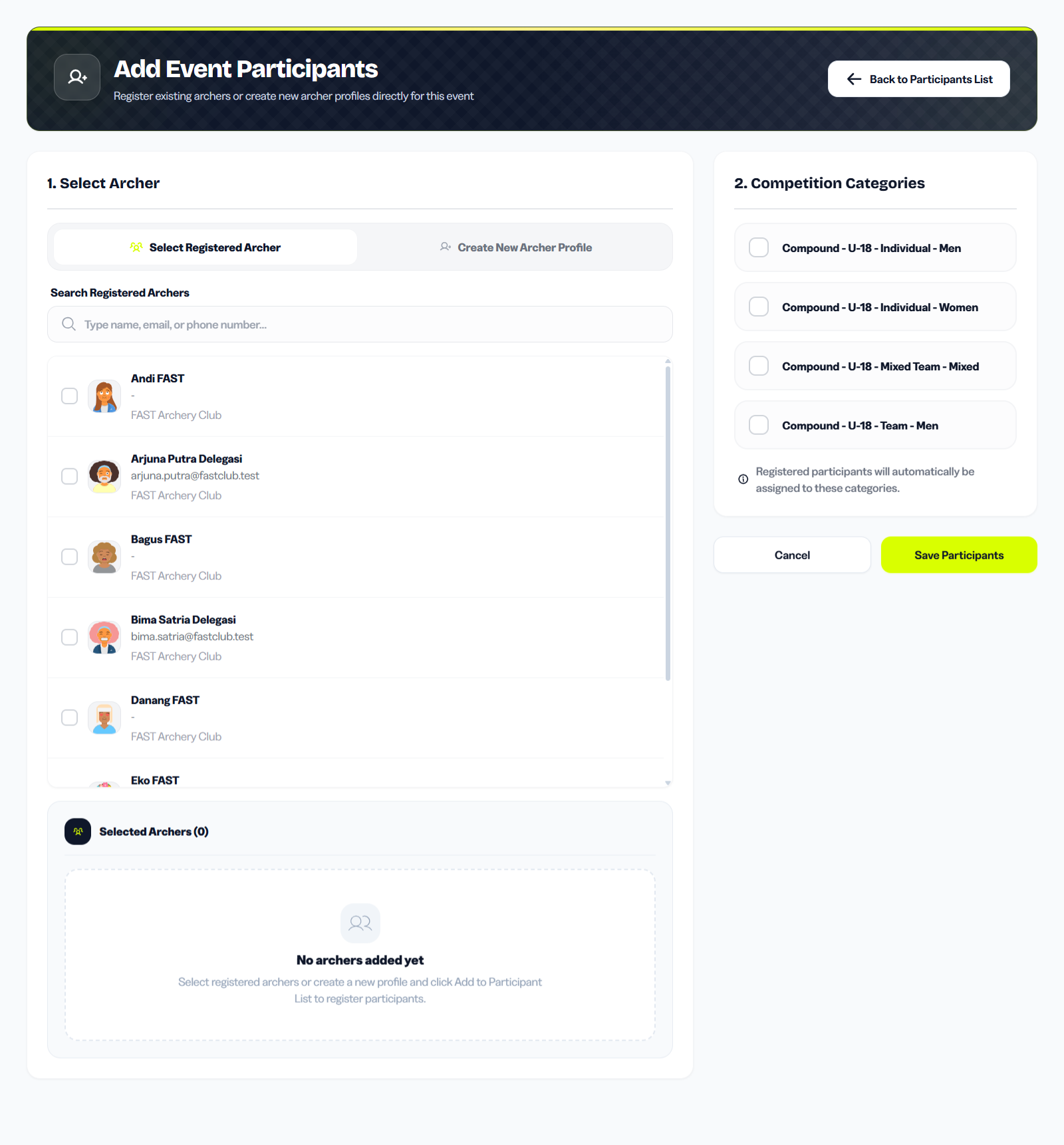 Tournament participants page showing the full participant list with Add Participant button and Import CSV button in the top right