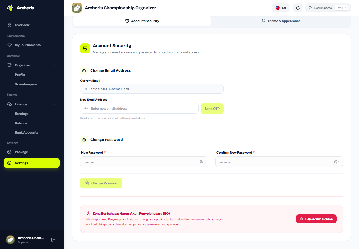 Organizer Settings Danger Zone on Archeris Dashboard