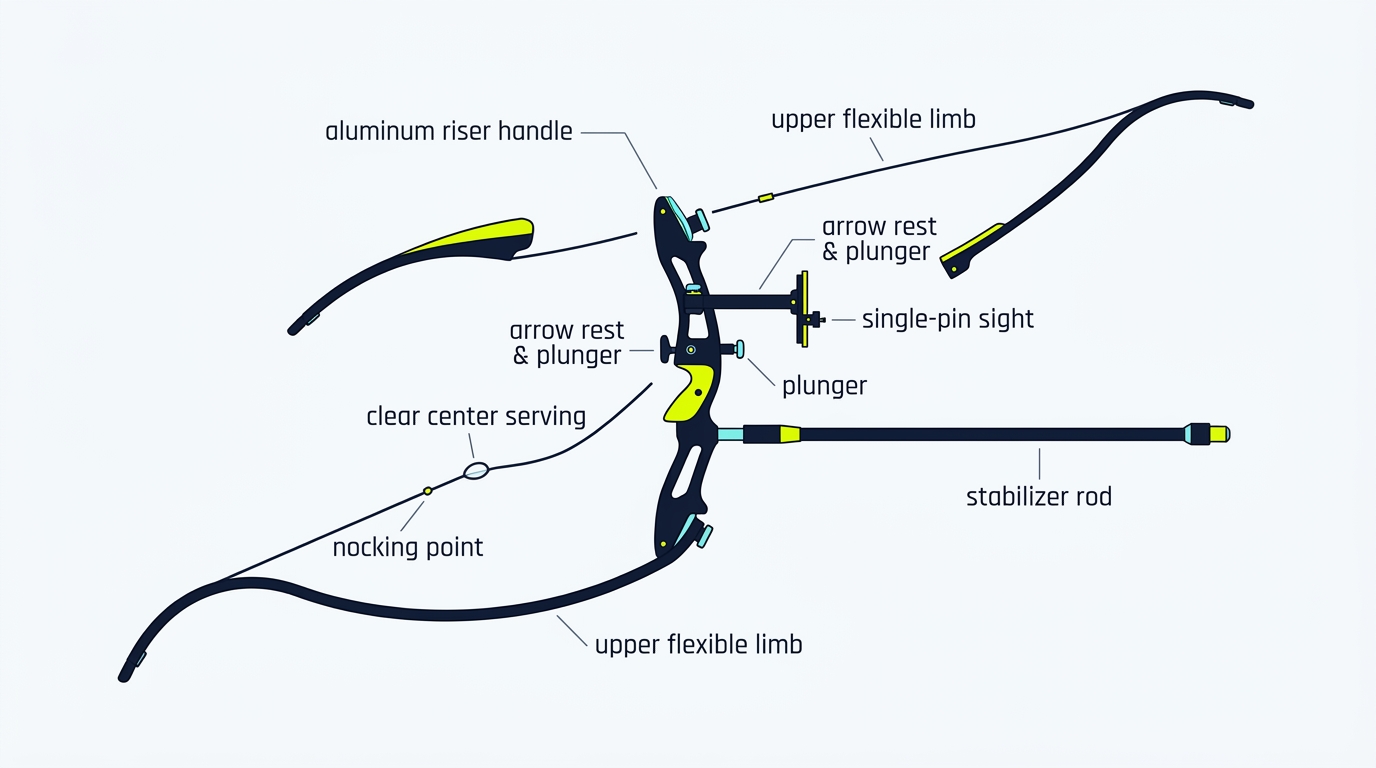 2D flat vector technical illustration showing the anatomy of a modern Olympic recurve bow