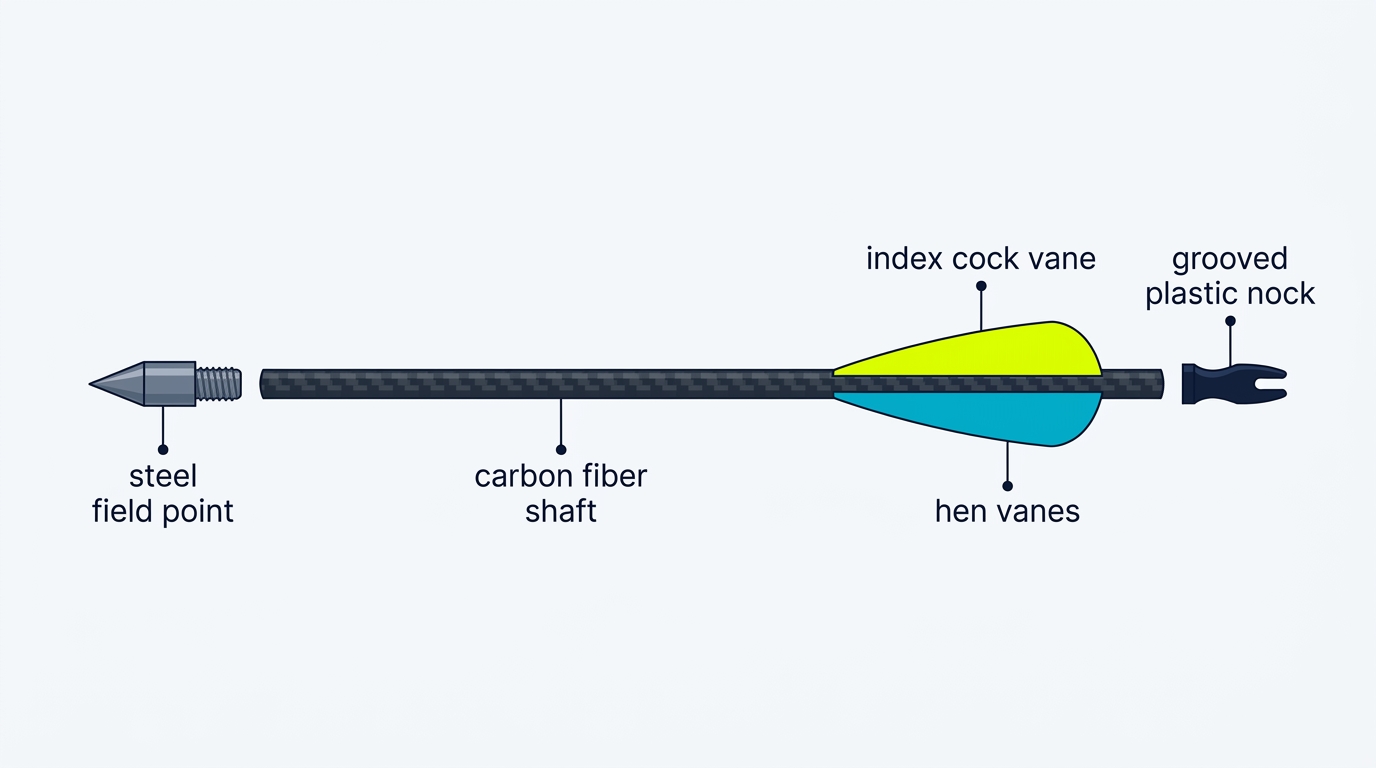 2D flat vector technical diagram of a target archery arrow showing point, shaft, fletching, and nock