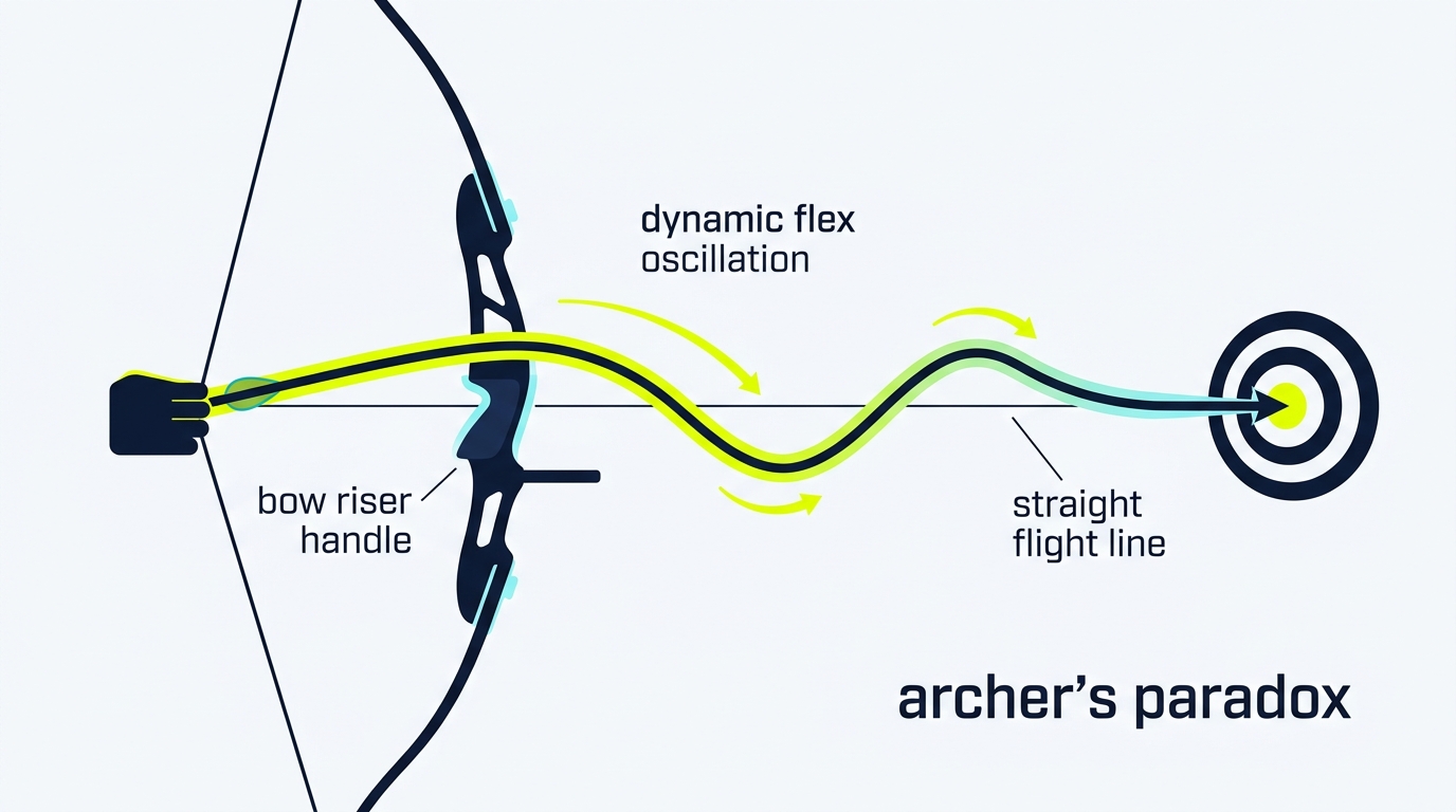 2D flat vector technical illustration demonstrating the Archer's Paradox and arrow flex wave