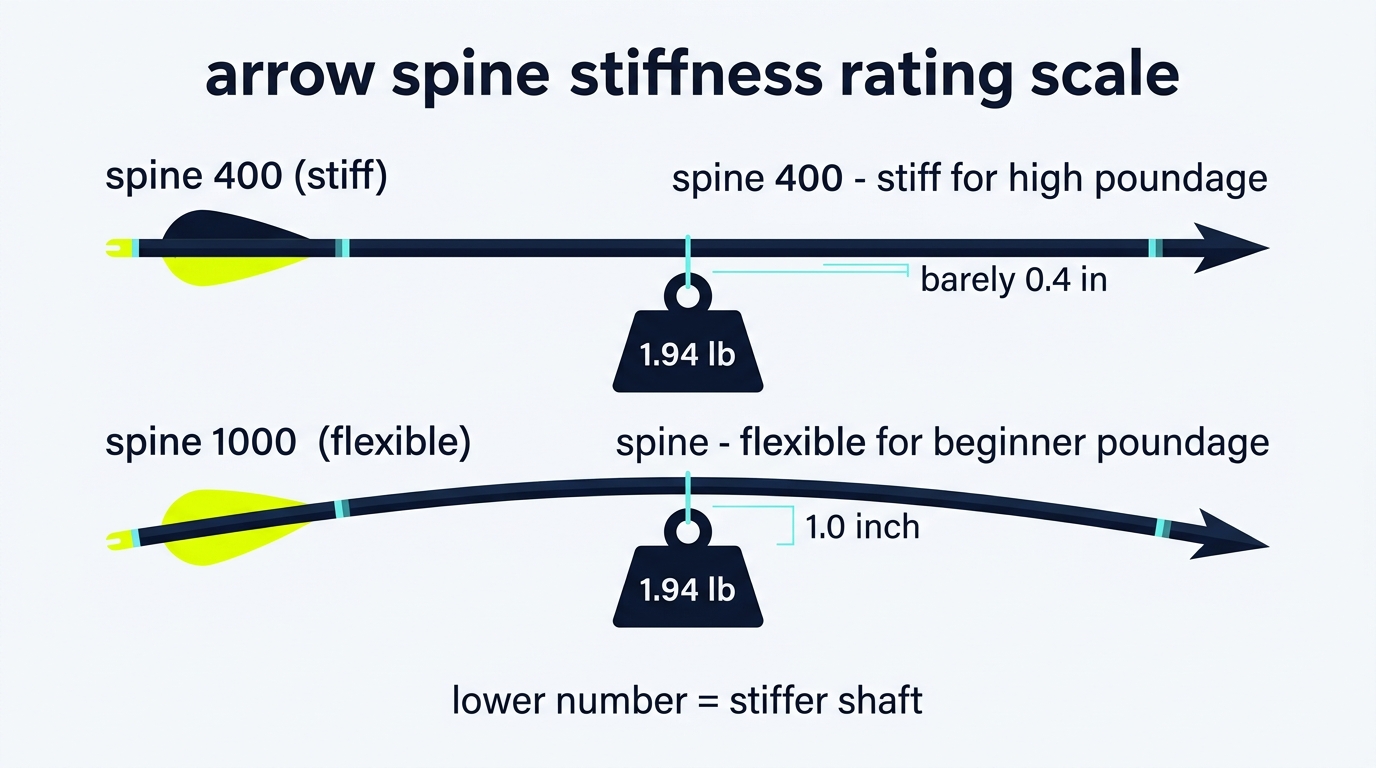2D flat vector technical infographic showing the arrow spine stiffness rating scale