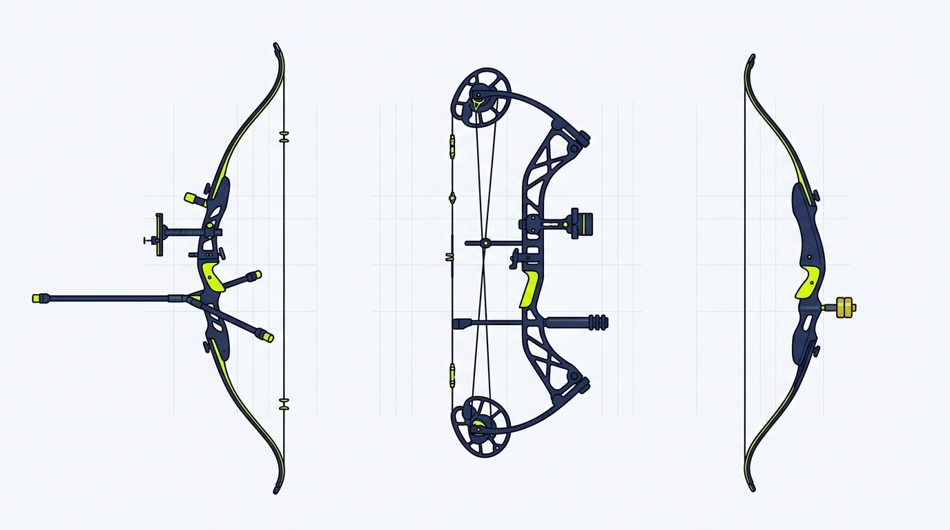 2D flat vector comparison diagram showing Olympic recurve, compound bow, and barebow side by side