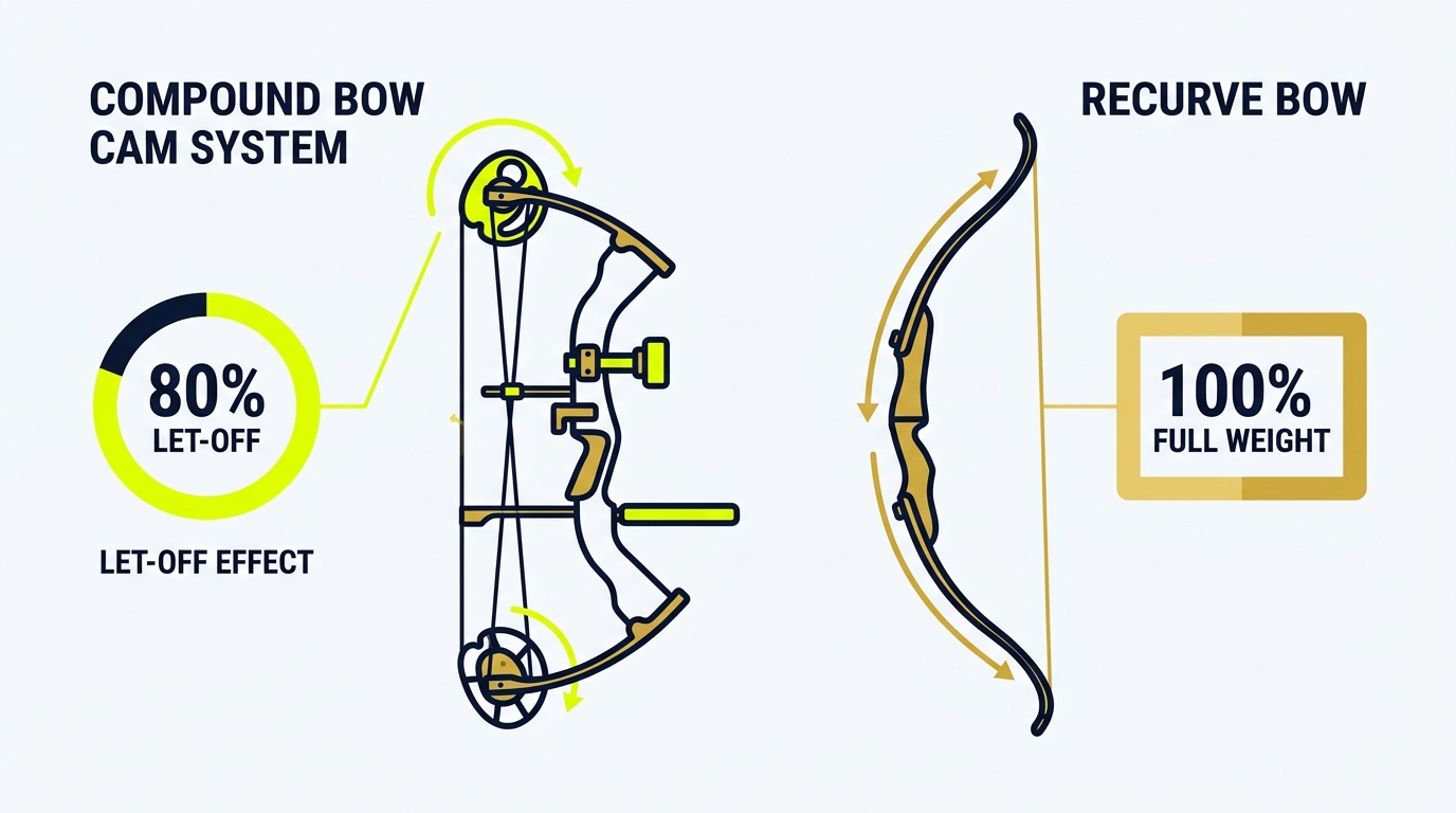 2D flat vector infographic illustrating compound bow cam let-off mechanics compared to recurve holding weight