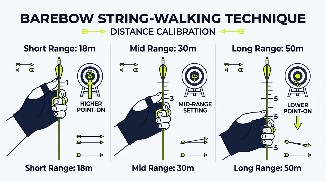 2D flat vector illustration demonstrating barebow string-walking technique for distance calibration