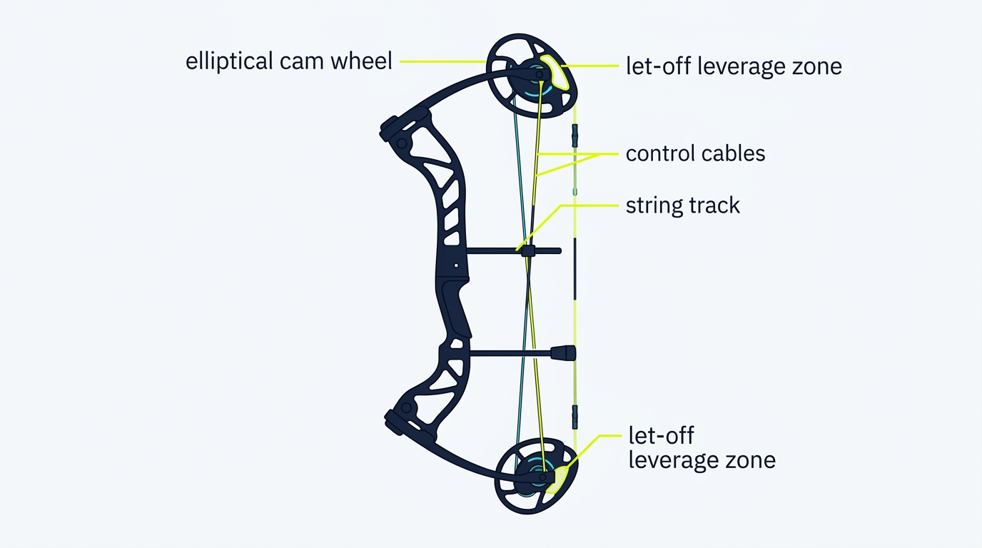 2D flat vector technical explainer illustration showing compound bow cam and cable mechanics