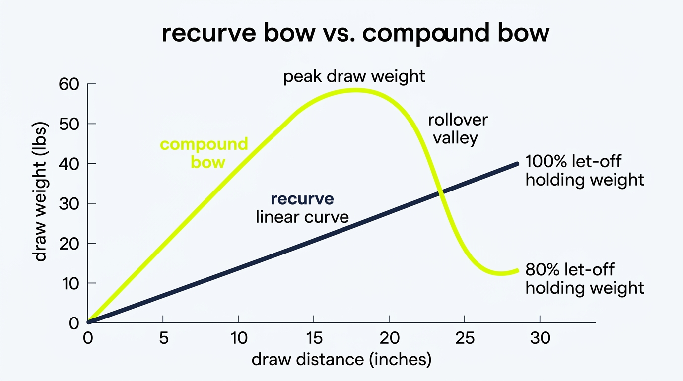 2D flat vector infographic comparing draw force curves between recurve and compound bows