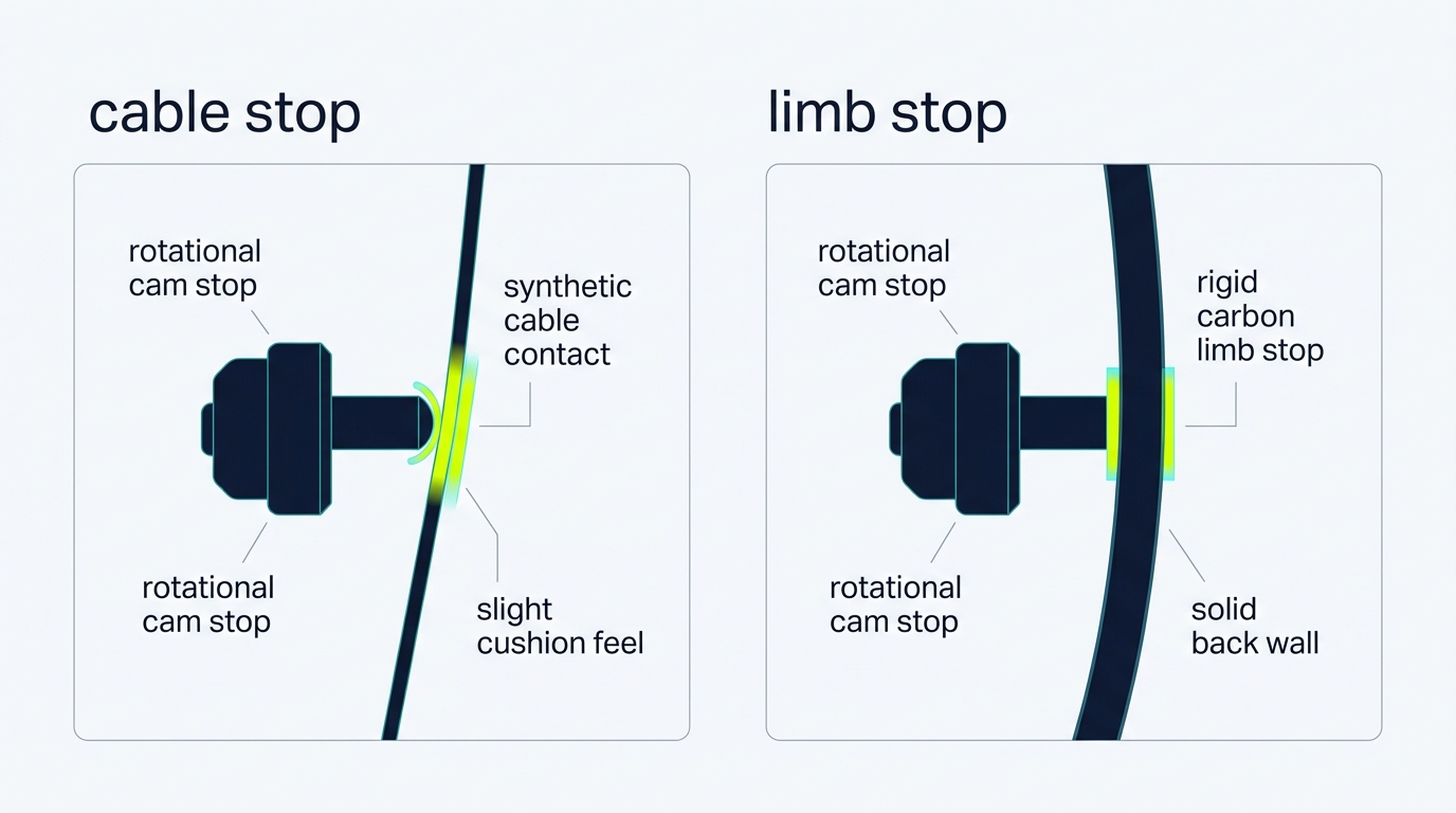 2D flat vector technical diagram comparing cable stops and limb stops on compound cams