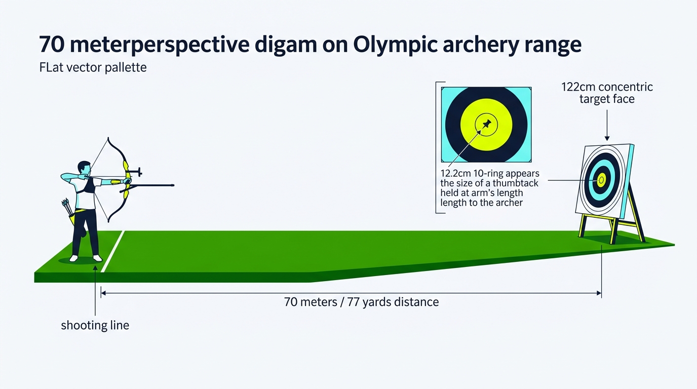 2D flat vector technical illustration comparing indoor 18m and outdoor 70m archery setups