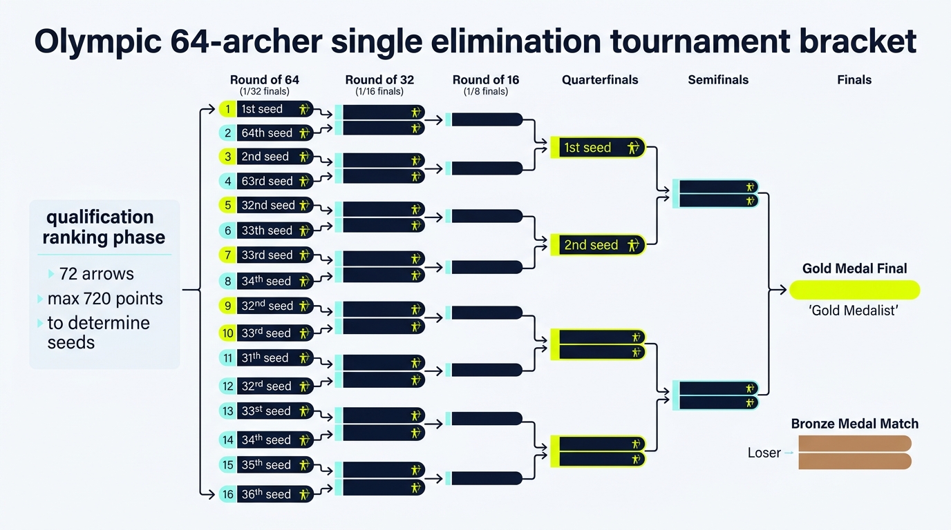 2D flat vector technical infographic explaining the Olympic 64-archer single elimination tournament bracket