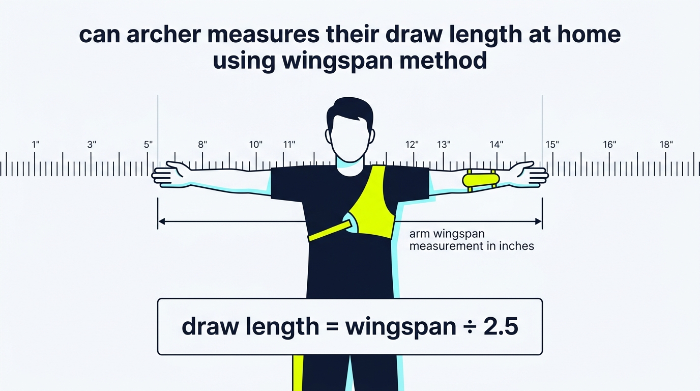 2D flat vector technical explainer illustration showing an archer measuring draw length at home using the wingspan method