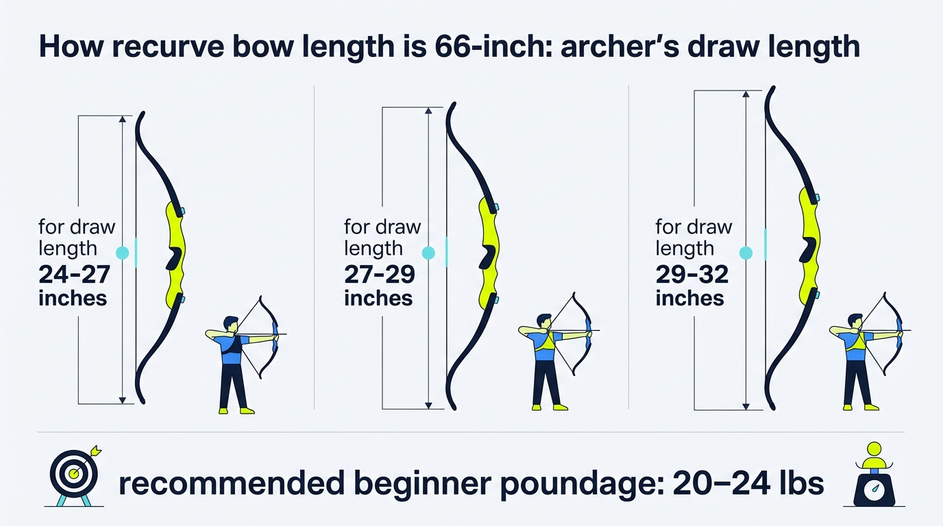2D flat vector technical infographic showing recurve bow lengths matched with draw lengths and recommended beginner poundages